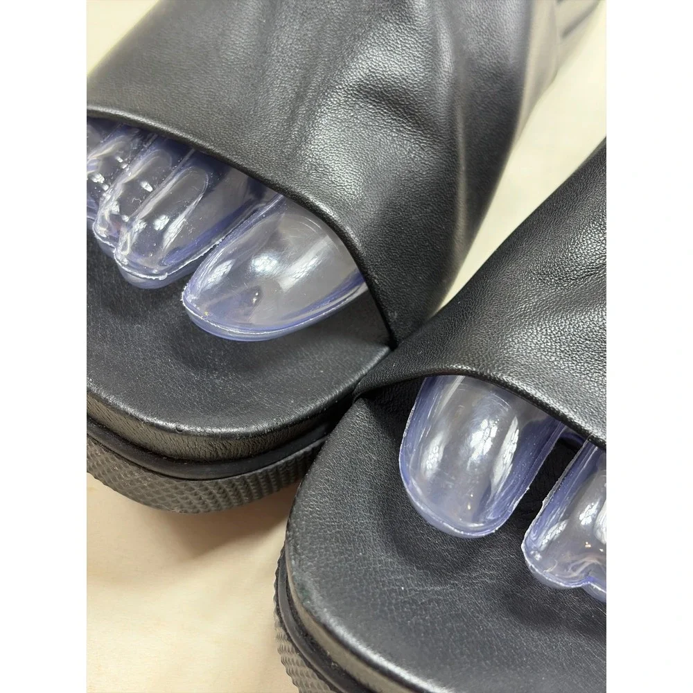 Eileen Fisher Black Leather Platform Slide Sandals Minimalist Open Toe Womens 9
